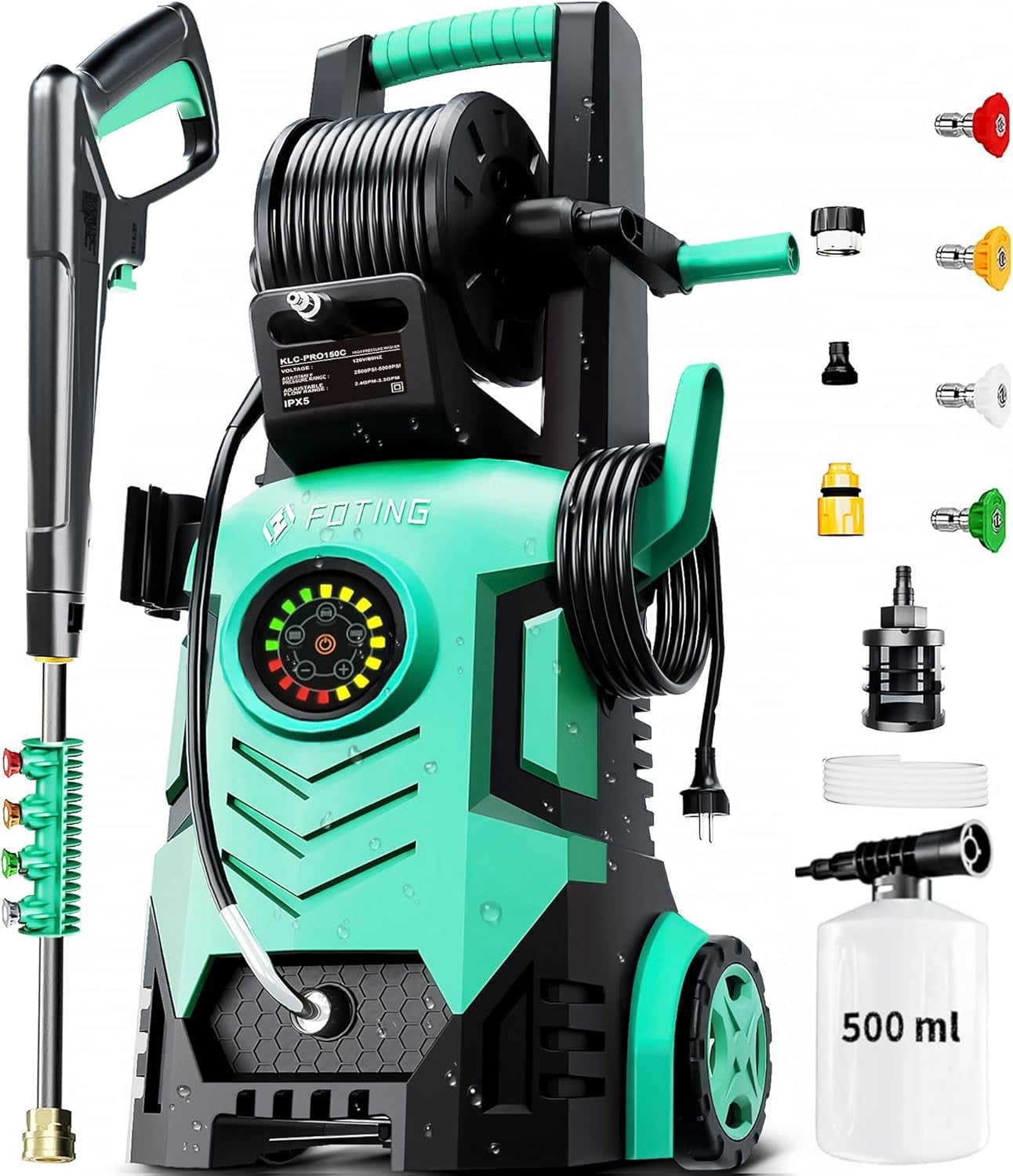 FOTING 5000 PSI at 2.3-3.3 GPM Electric Pressure Washer, 4 Nozzles, Soap Tank