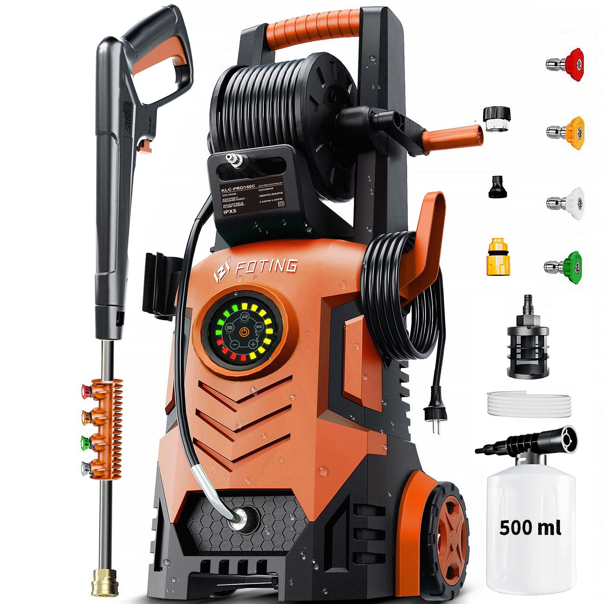 FOTING 5000 PSI at 2.3-3.3 GPM Electric Pressure Washer, 4 Nozzles and Soap Tank