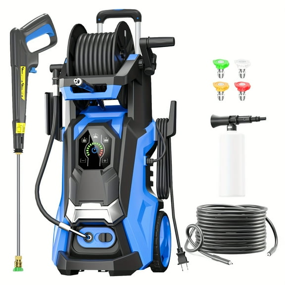 2025 Upgraded Electric Pressure Washer - 5200 PSI MAX, 3.2 GPM - 4 Quick - Connect Nozzles, Foam Cannon for Cars/Fences/Driveways/Home Cleaning - Blue & Yellow