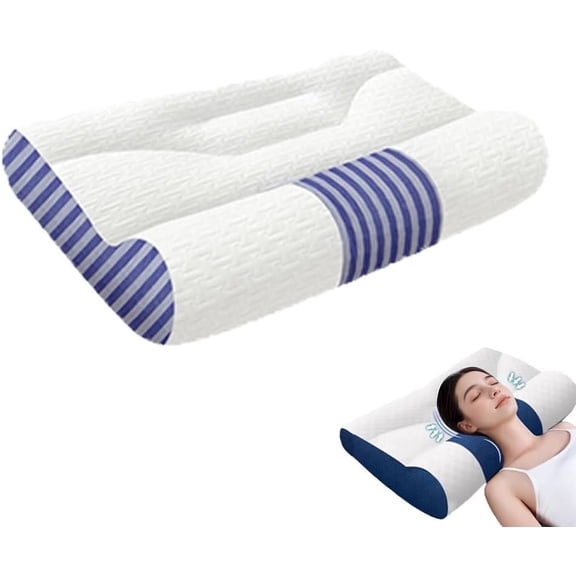 2025 Upgraded Ergonomic Cervical Support Neck Pillow - Pain Relief, Goose Down, for Side/Back/Stomach Sleepers (Blue-Grey, Large)