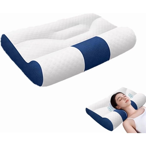 2025 Upgraded Ergonomic Cervical Support Neck Pillow - Pain Relief, Goose Down, for Side/Back/Stomach Sleepers (Blue, Small)