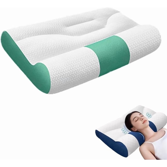 2025 Upgraded Ergonomic Cervical Support Neck Pillow - Pain Relief, Goose Down, for Side/Back/Stomach Sleepers (Green, Large)