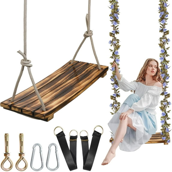 2025 Upgraded Large Wooden Swing Seat, 24"x 9.8", Hanging Tree Swing for Adults & Kids, 500lbs Load, Adjustable Nylon Rope & Tree Straps, Indoor/Outdoor Swings with Purple Floral Garland