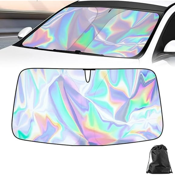 2025 Upgraded Laser Reflective Windshield Sunshade, Laser Car Windshield Sun Shade, Retractable Thickened UV-Blocking Sun Shade Reflector, Foldable Sunshades with Storage Bags (L: 57.1 * 31.5 in*1)