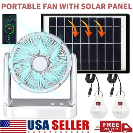2026 Upgraded Rechargeable Fan With solar panel, Variable Speed and 2 Free bulbs