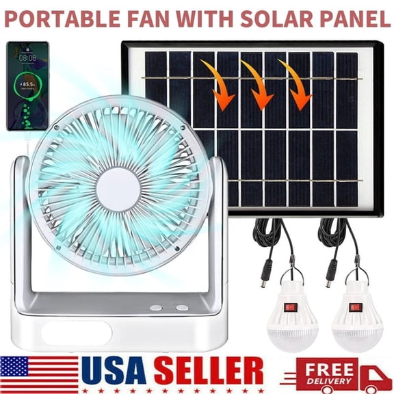 2026 Upgraded Rechargeable Fan With solar panel, Variable Speed and 2 Free bulbs