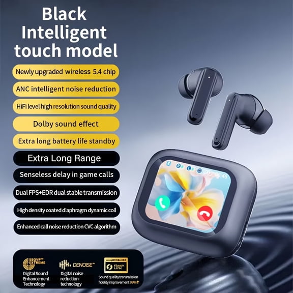 2025 Upgraded Smart LCD Touchscreen Earbuds—New wireless earbuds with a unisex sporty design and support for Chinese and English language switching. They feature a built-in microphone and adjustable