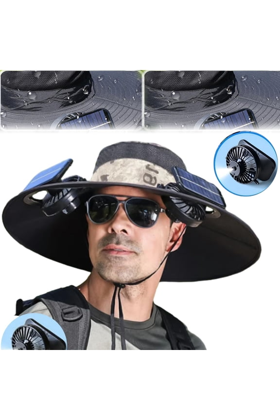 2025 Upgraded Solar Mist Fan Wide Brim Hat, Hat with Fans Solar Power, Built in USB Charging Fan for Outdoor Fishing