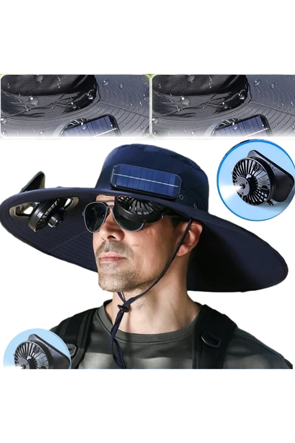 2025 Upgraded Solar Mist Fan Wide Brim Hat, Hat with Fans Solar Power, Built in USB Charging Fan for Outdoor Fishing