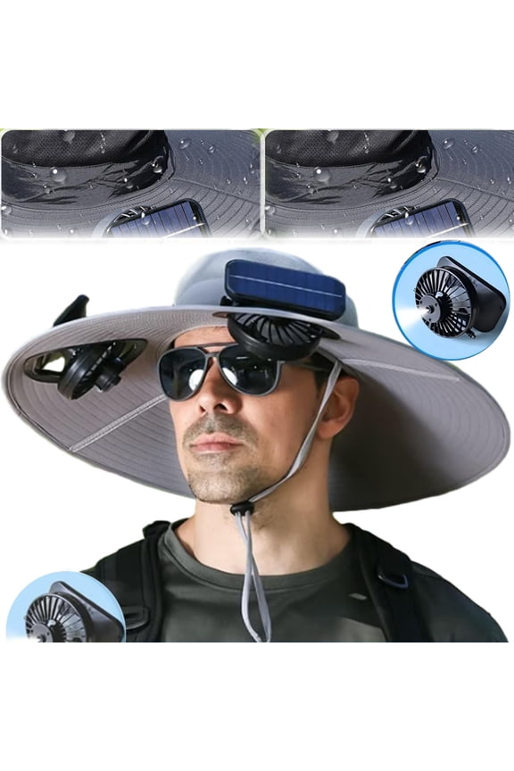 2025 Upgraded Solar Mist Fan Wide Brim Hat, Hat with Fans Solar Power, Built in USB Charging Fan for Outdoor Fishing