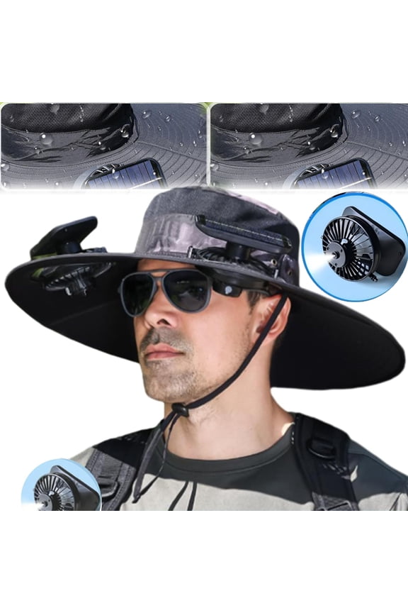 2025 Upgraded Solar Mist Fan Wide Brim Hat, Hat with Fans Solar Power, Built in USB Charging Fan for Outdoor Fishing