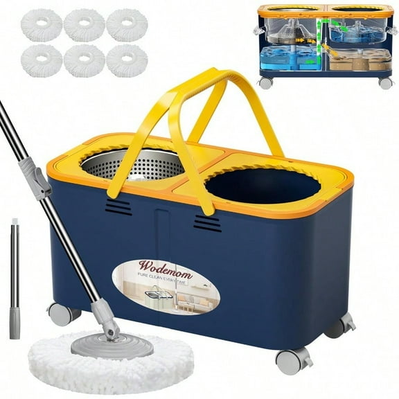 2025 Upgraded Spin Mop and Bucket with Clean Dirty Water Separation 360 Swivel Wheels HandsFree Wringer 6 Microfiber Mop Heads for Home Floor Cleaning Blue/Yellow