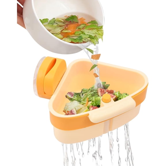 2025 Upgraded Suction Cup Sink Strainer Basket, Automatic Dumping Corner Sink Trash Catcher with Drain Hole, Triangle Faucet Sponge Storage Rack for Food Waste(COLOR:Yellow)