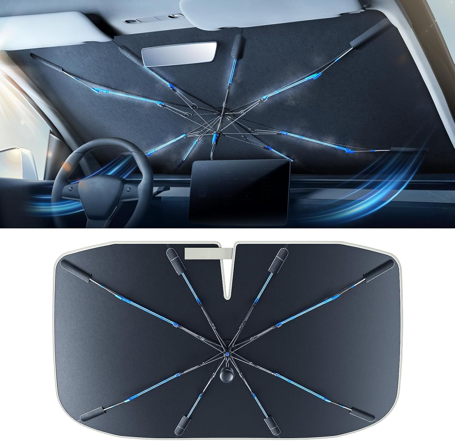 [2025 Upgraded] Windshield Sun Shade Umbrella [Ice Rib High Speed ...