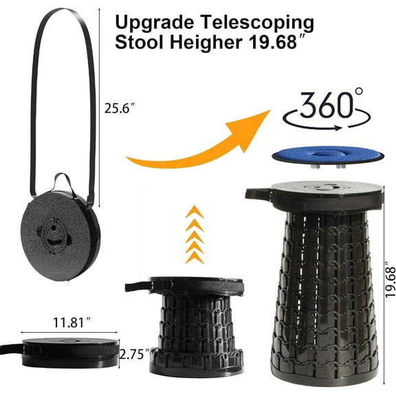 2025 Upgraded XXL 19.7" Collapsible Stool with Cushion, 1000lbs Max Weight Heavy Duty Portable Telescoping Stool, Retractable Seat Folding Chair for Camping Fishing Hiking (Black-XXL)