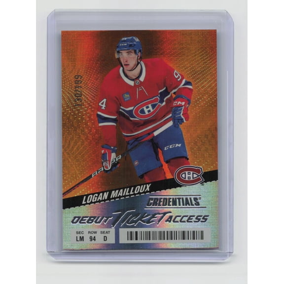 2025 Upper Deck Credentials Debut Ticket Access Logan Mailloux RC Orange #142 /199 Montreal Canadiens Hockey Card