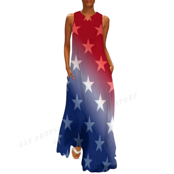 2025 Usa Flag Dress Sleeveless Casual V-Neck Long Dresses Party Evening Bohemian Beach Dress Maxi Vestidos Space Galaxy Robes Trendy