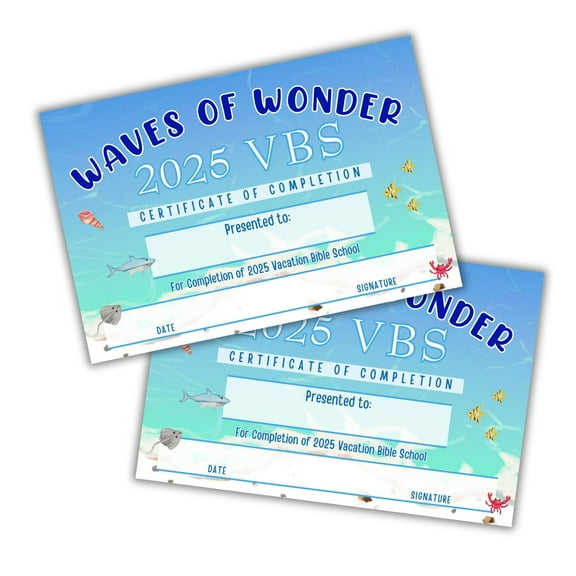 2025 VBS Certificate of Completion Waves of Wonder 50pk 9x6 Vacation Bible School Award Participation Ocean Under Sea Shine Curriculum Bulk