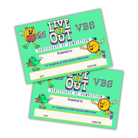 2025 VBS Live It Out Certificate of Completion 50pk 6x9 Vacation Bible School Award Participation Actions Speak Louder Than Words Kit Supplies