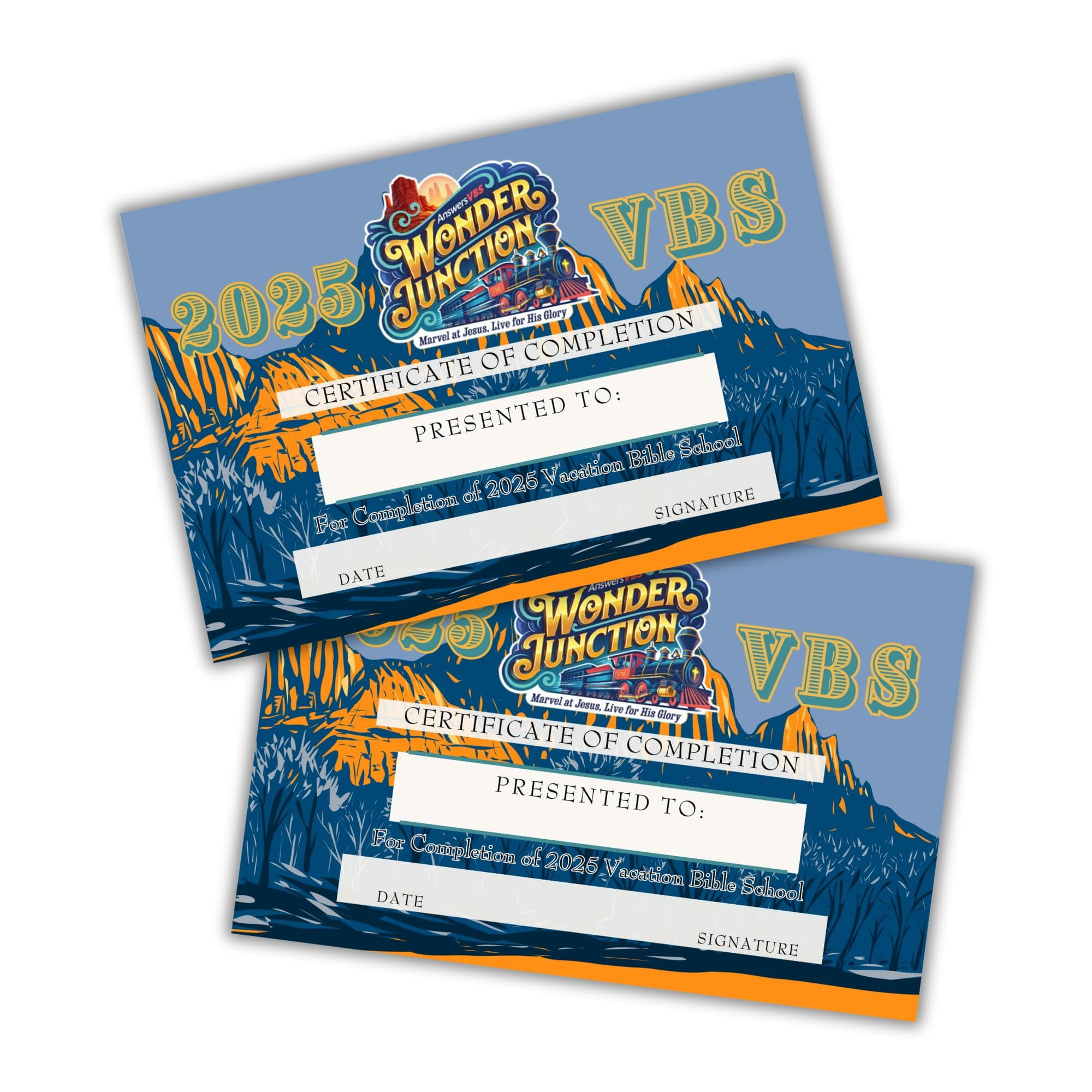 2025 VBS Wonder Junction Certificate of Completion Award 50pk 6x9 Postcard Vacation Bible School Marvel at Jesus Live for His Glory