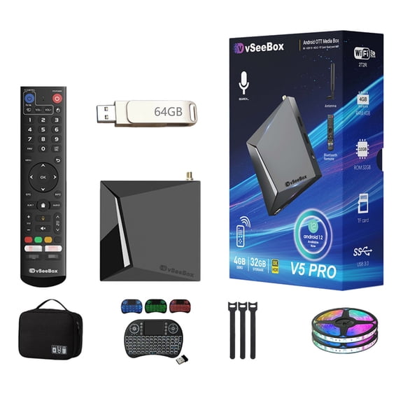 2025 VSeebox V5 Pro Version Voice Control, 8K HDMI&Ethernet Cable, Android 12, 4GB RAM, 32GB Storage