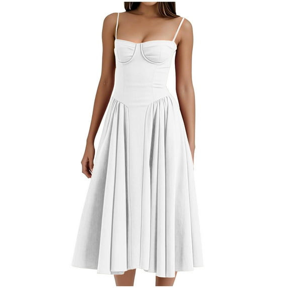 2025 Vintage Dress for Women Elegant Spaghetti Strap Bustier Midi Dress Flowy Pleated Prom Dresses with Pockets