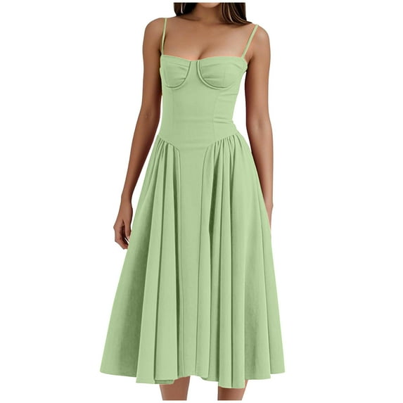 2025 Vintage Dress for Women Elegant Spaghetti Strap Bustier Midi Dress Flowy Pleated Prom Dresses with Pockets