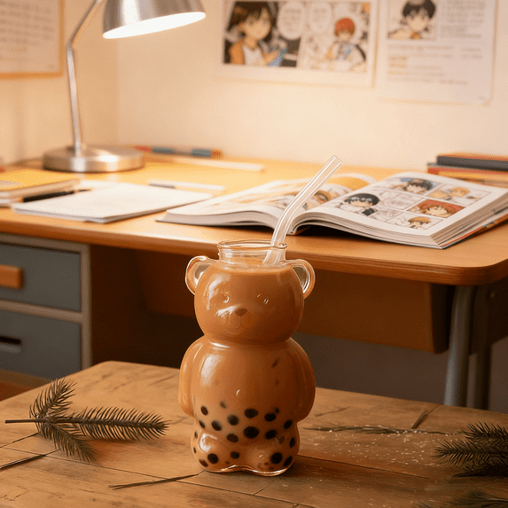 2025 Viral Bear Straw Cup 11oz, Cute Bear Glass Tumbler with Straw for Coffee, Beer, Wine, Holiday Christmas Gift Idea, Cold Cup, 325ml UKHBMC | Transparent