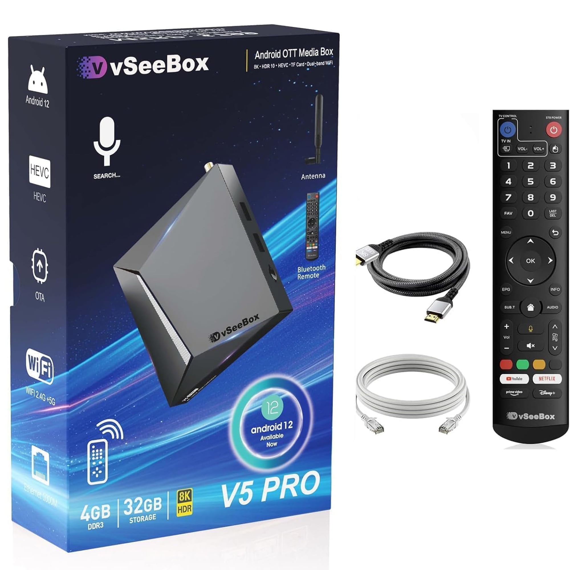 2025 Vseebox V5 PRO Version Voice Control, 8K HDMI&Ethernet Cable, Android 12, 4GB RAM, 32GB Storage (Easy Setup, Lifetime Tech Support)