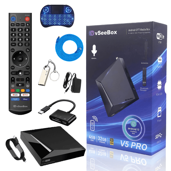 2025 Vseebox V5 Pro Version Voice Control, 6K HDMI&Ethernet Cable, Android 12, 4GB RAM, 32GB Storage