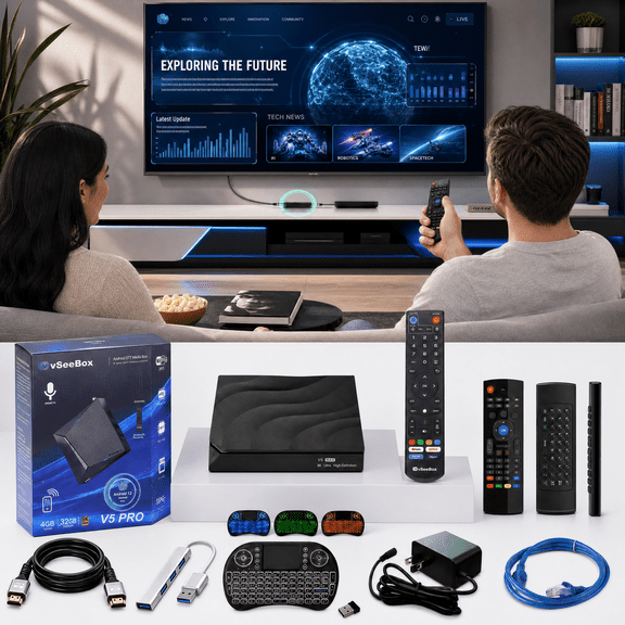 2025 Vseebox V5 Pro Version Voice Control, 8K HDMI&Ethernet Cable, Android 14, 4GB RAM, 32GB Storage , (Easy Setup, Lifetime Tech Support)