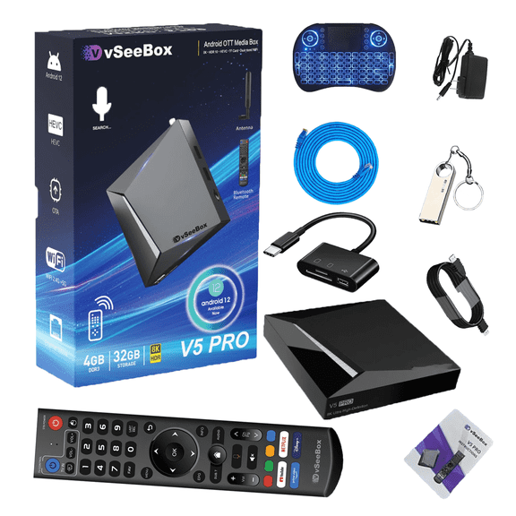 2025 Vseebox V5pro Version Voice Control, 8K HD&Ethernet Cable, Android 12, 4GB RAM, 32GB Storage