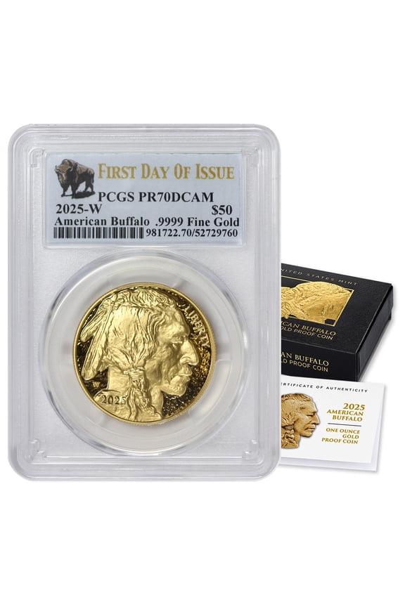 2025-W $50 Gold Buffalo PCGS PR70 Deep Cameo First Day of Issue Bison Label with Original Government Packaging U.S. Mint Coin