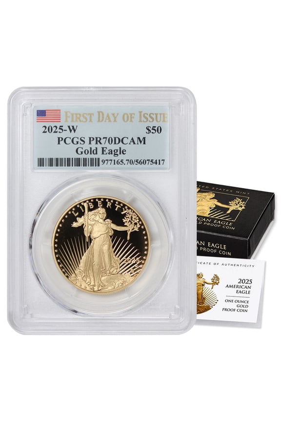 2025-W $50 Gold Eagle Proof Coin PCGS PR70DCAM First Day of Issue Flag Label U.S. Mint Box and CoA