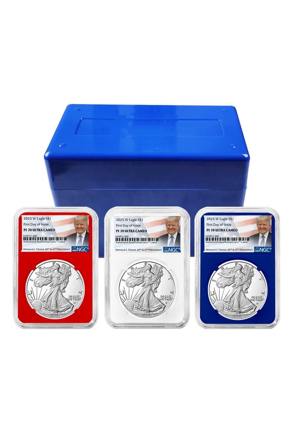 2025-W Proof $1 American Silver Eagle 3pc Set NGC PF70UC FDI Trump Label Red White Blue