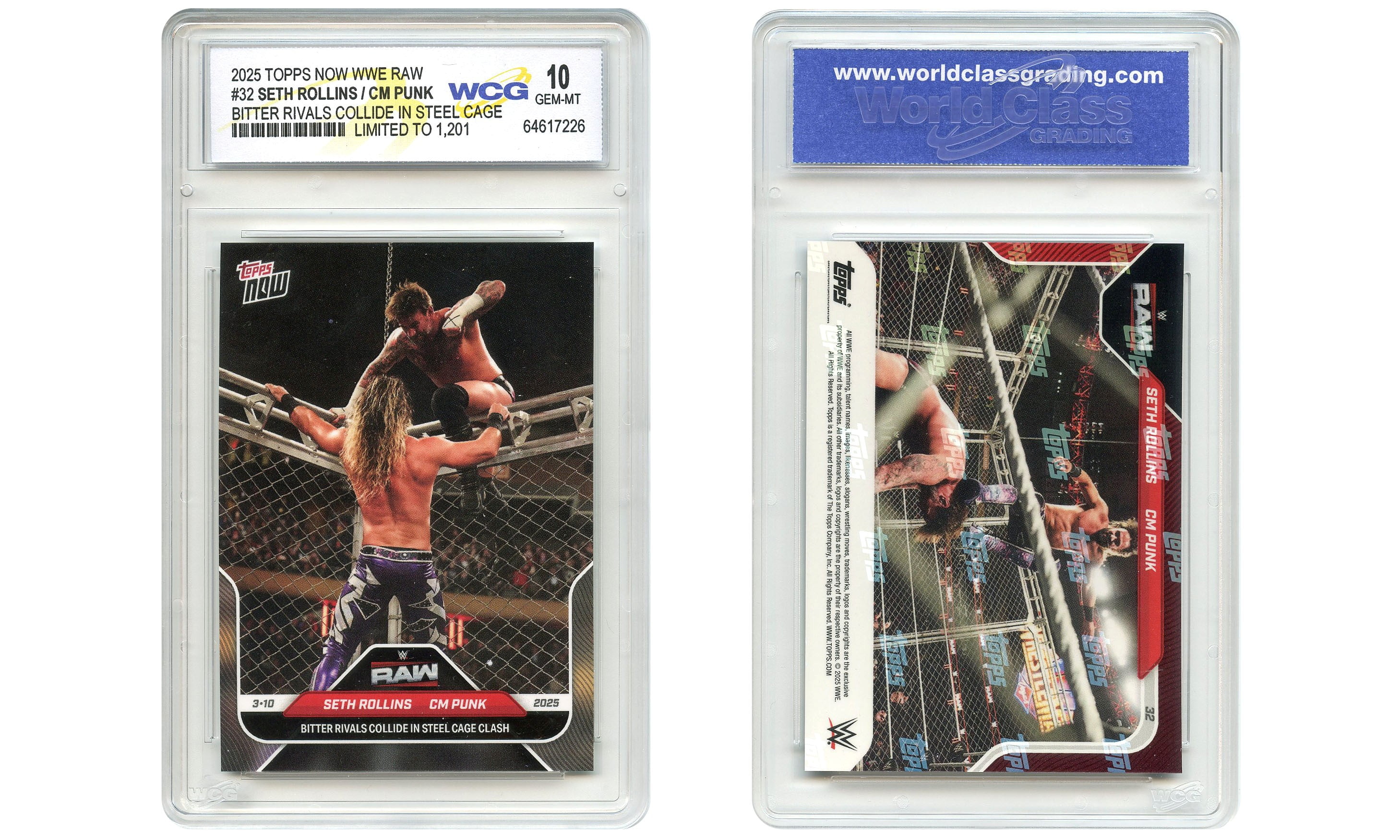 2025 WWE RAW Topps Card #32 Seth Rollins / CM Punk Rivals in Cage - Graded  Gem Mint 10