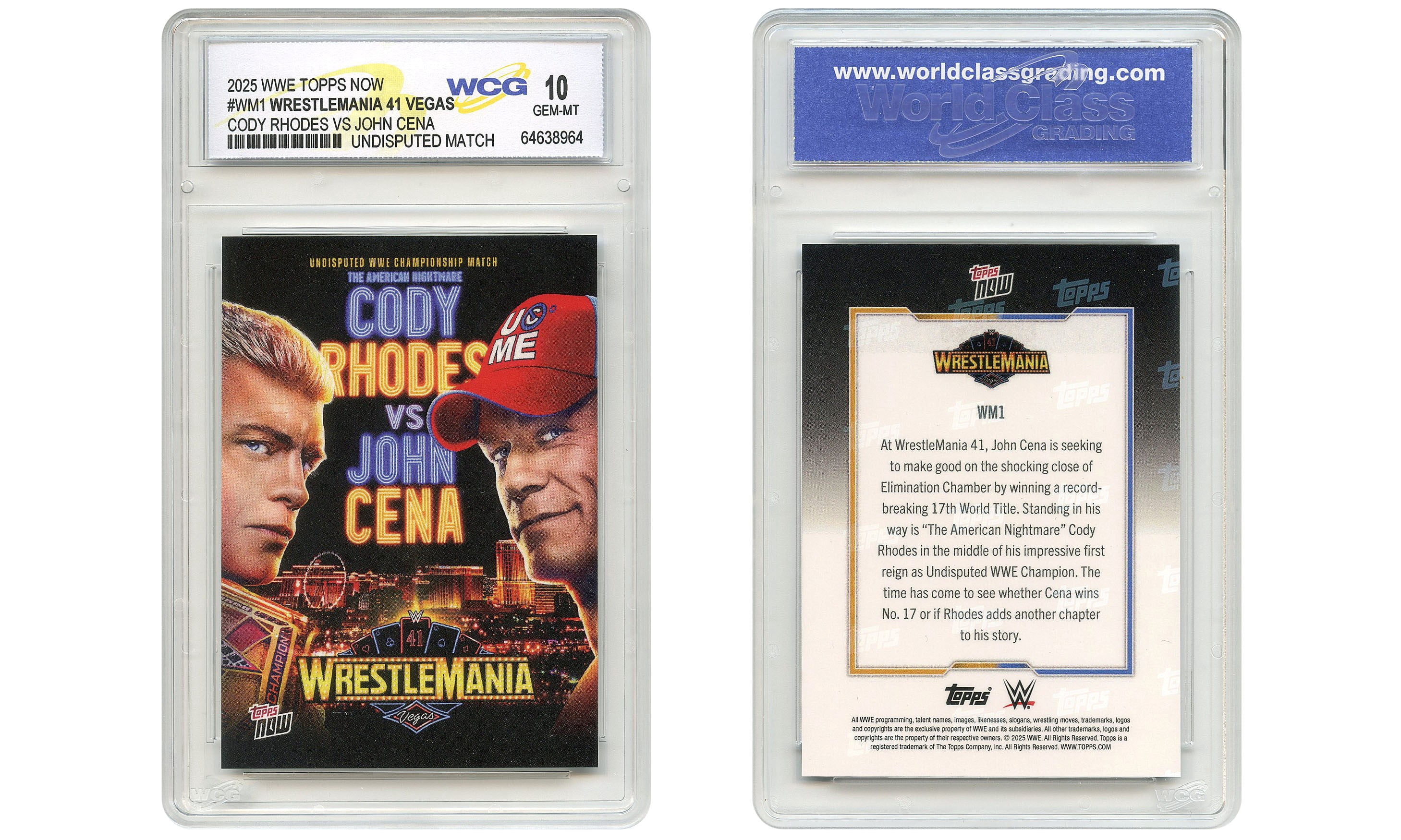 2025 WWE Topps CODY RHODES vs JOHN CENA WrestleMania 41 Card #WM1 Graded  GM-10
