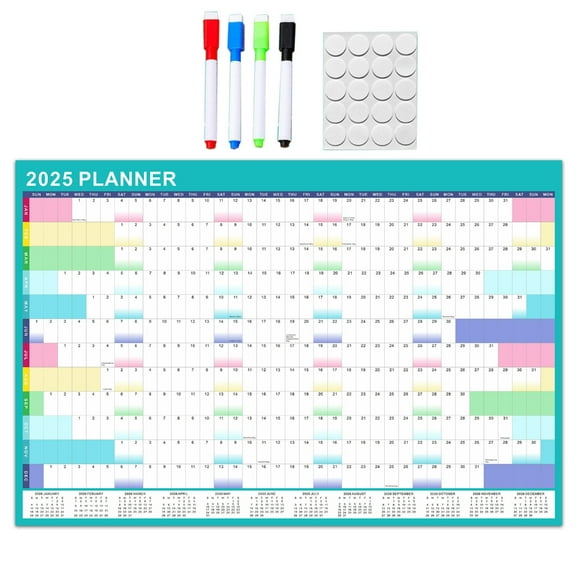 2025 Wall Calendar Yearly Wall Planner, 2025 Full Year to View Calendar with Erasable Marker and Adhesive Dot Stickers