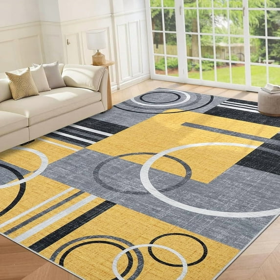 2025 Washable Runner Rug 10x13 Modern Circle Rugs Runner Non Slip Low Pile Rug for Hallway Soft Long Rugs Indoor Floor Carpet for Kitchen Bedroom Entryway, Yellow