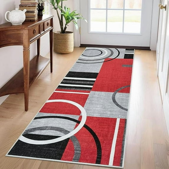 2025 Washable Runner Rug 2x6 Modern Circle Rugs Runner Non Slip Low Pile Rug for Hallway Soft Long Rugs Indoor Floor Carpet for Kitchen Bedroom Entryway, Red