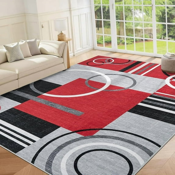 2025 Washable Runner Rug 4x6 Modern Circle Rugs Runner Non Slip Low Pile Rug for Hallway Soft Long Rugs Indoor Floor Carpet for Kitchen Bedroom Entryway, Red