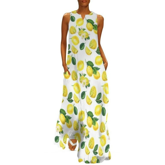 2025 Watercolor Fruit Dress Lemons On Striped Print Party Maxi Dress Street Fashion Bohemia Long Dresses Graphic Vestido Big Size 5XL