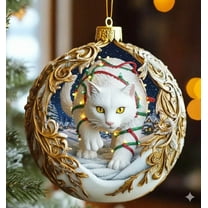 Taicans 2025 White Cat Christmas Ornament - 2D Winter Scene Glass Ball with Gold Wreath & Twinkle Lights | Festive Tree Home Holiday Decor | Perfect Gift for Cat Lovers‌