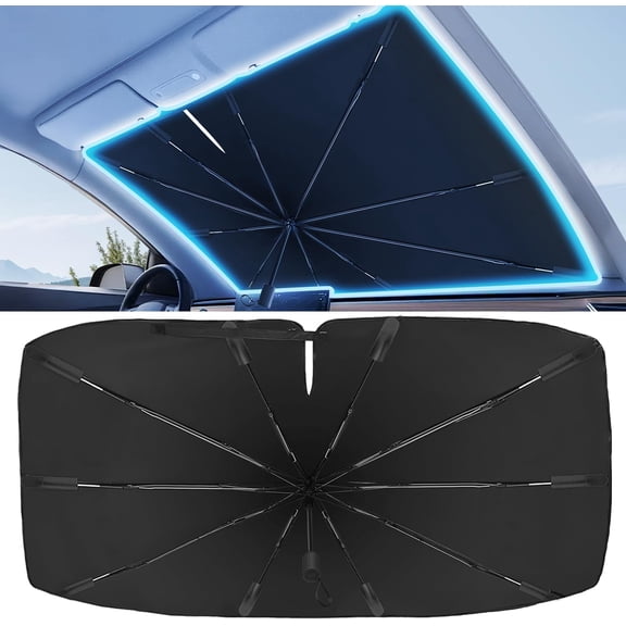 2025 Windshield Sun Shade Frame with Thickened Fast Cooling, Emergency Window Breaker, 99% UV Blocking Protects Car from Sun and Heat Damage, Adjustable Bendable Design for SUV/Sedan/(57" L x 32" W)