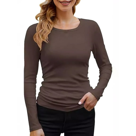 2025 Winter Base Layer Shirt Brown Base Layer Shirt Long Sleeves Round Neck Women Hoodies With Zipper Solid Color Comfy Cardigan Gift Idea Hoodie(XL)