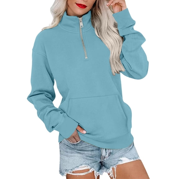 2025 Winter Hoodie Sky Blue Hoodie Long Sleeves Half Zipper Sweater for Women Solid Color Y2K Hoodie Gift Idea Hoodie(M)