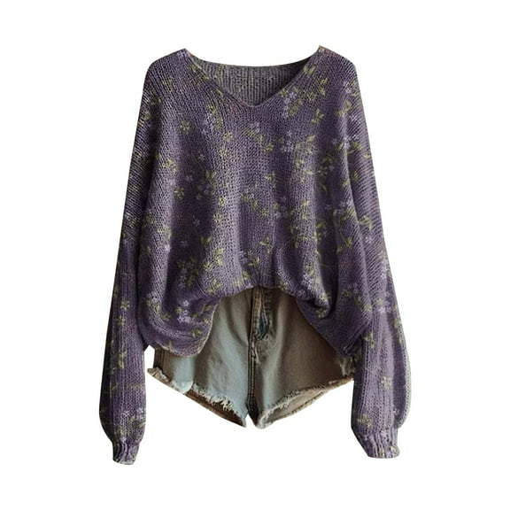 2025 Winter Knitted Sweater Purple Knitted Sweater Long Sleeves V-Neck Women's Sweaters Print Cute Sweater Gift Idea Hoodie(M)