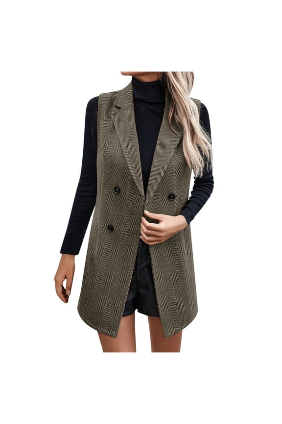 2025 Winter Long Vest for Women Sleeveless Tweed Blazer Fall Double Breasted Jackets Cardigan Outerwear Coat