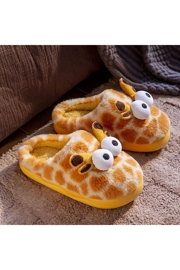 2025 Winter New Arrival Men's & Women's Plush Fleece Slippers with Giraffe & Cow Print - Soft Warm Slip-On Indoor/Outdoor House Shoes, Cozy Animal Face Design (Giraffe Ears & Cow Spots) - Unisex