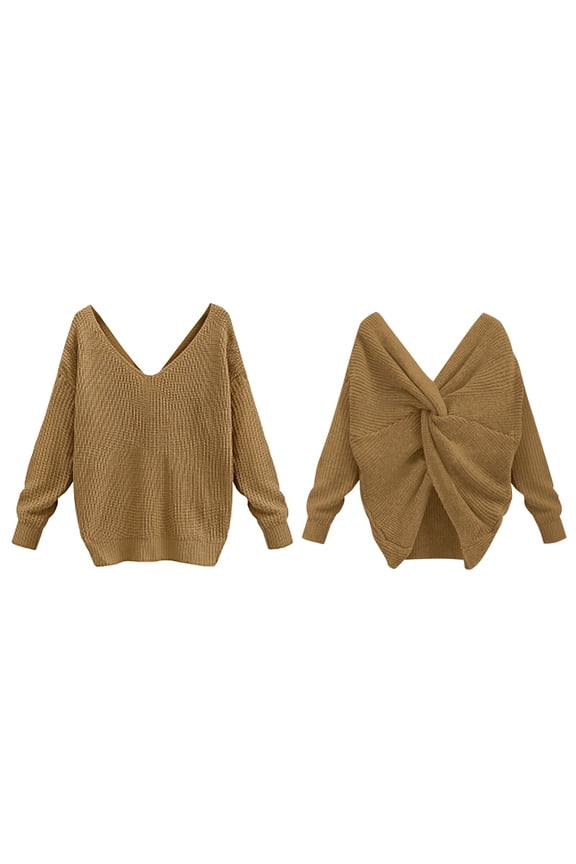 2025 Winter Sweater Gold Sweater Long Sleeves V-Neck Pullover Sweater Tie Knots, Cross And Expose The Back Trendy Sweater Unisex Hoodie(S)